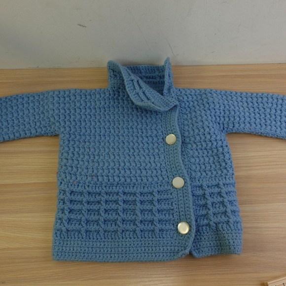 Vintage High Neck Cardigan Toddler 12M Blue Waffle Aran Crochet Wool Handmade - Picture 1 of 14